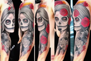 santa muerte beautiful girl face with blonde haire? rose on forearm and skuls full sleeve tattoo idea