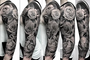 sculs full sleeve and roses tattoo idea