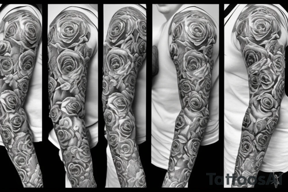 sculs full sleeve and roses tattoo idea