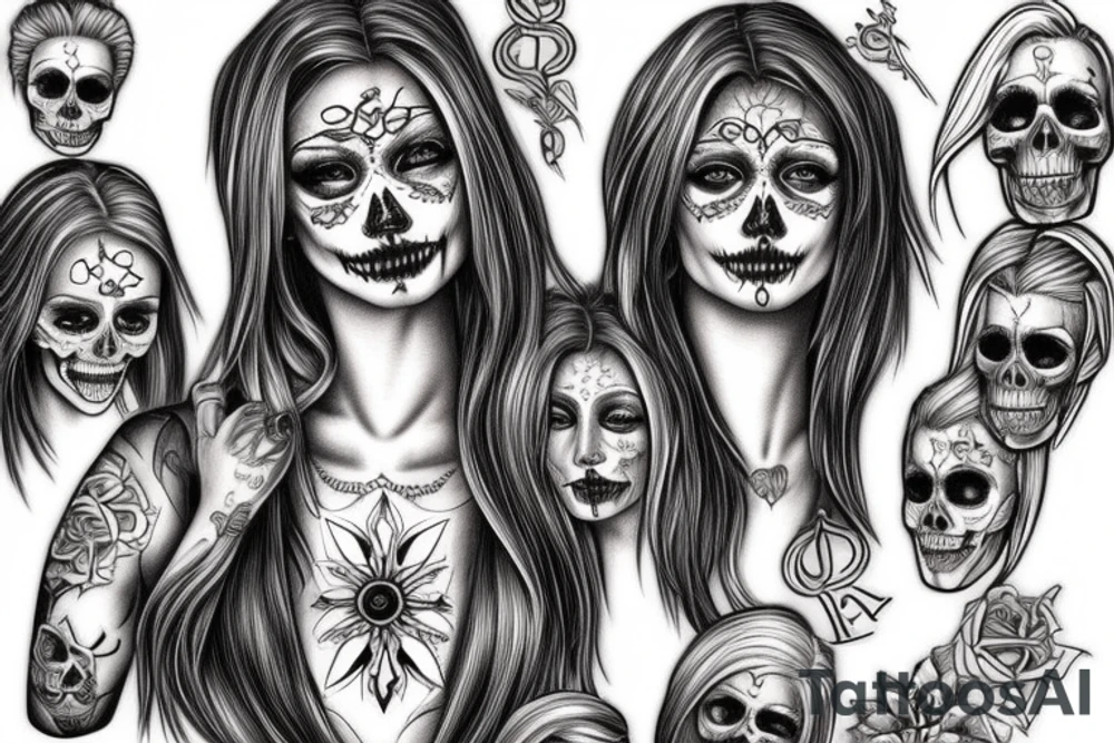 beautifull blonde haire girl in santa muerte stule with rase and sculls around her tattoo idea