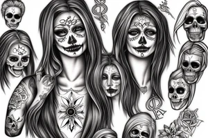 beautifull blonde haire girl in santa muerte stule with rase and sculls around her tattoo idea