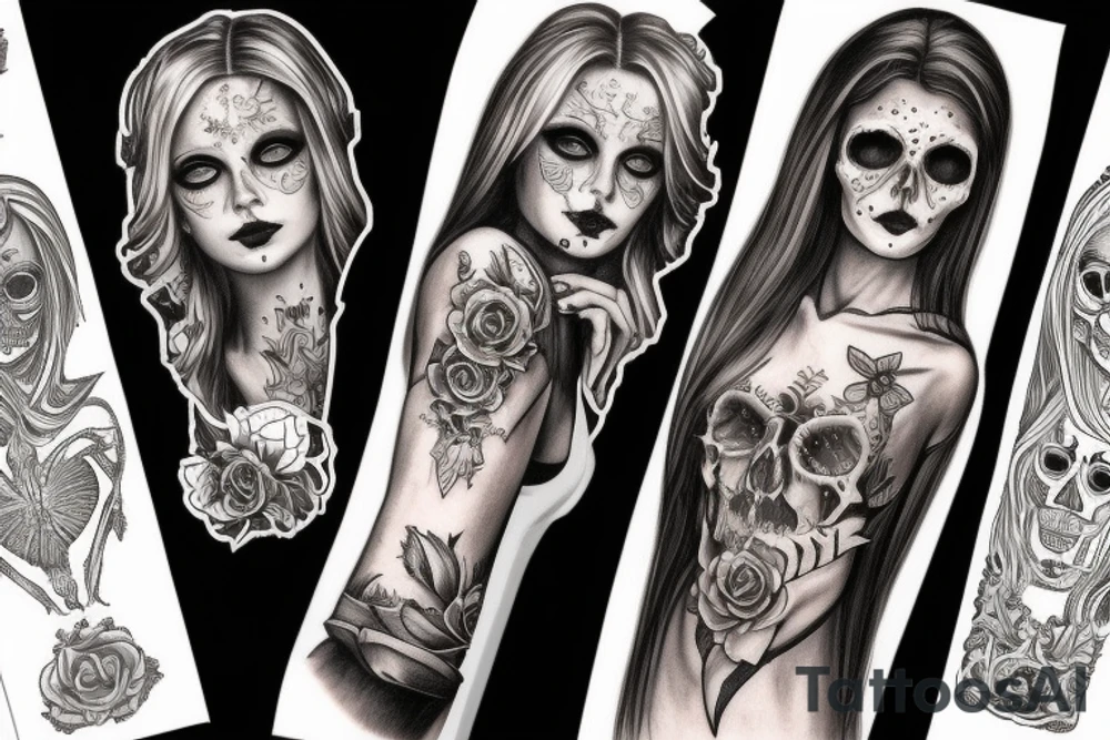 beautifull blonde haire girl in santa muerte stule with rase and sculls around her tattoo idea