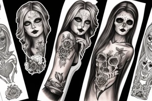 beautifull blonde haire girl in santa muerte stule with rase and sculls around her tattoo idea