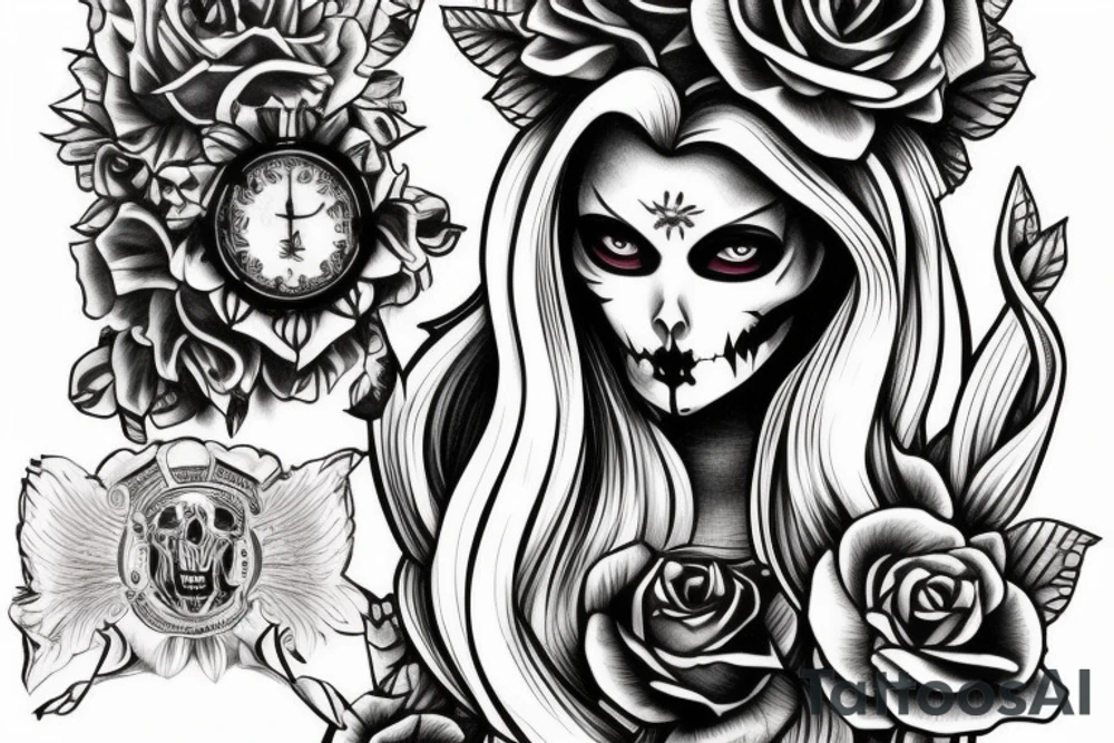 beautifull blonde haire girl in santa muerte stule with rase and sculls around her for forearm tattoo idea