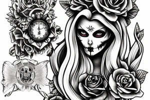 beautifull blonde haire girl in santa muerte stule with rase and sculls around her for forearm tattoo idea