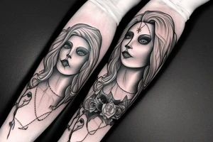 beautifull blonde haire girl in santa muerte stule with rase kissing sculls around her for forearm tattoo idea