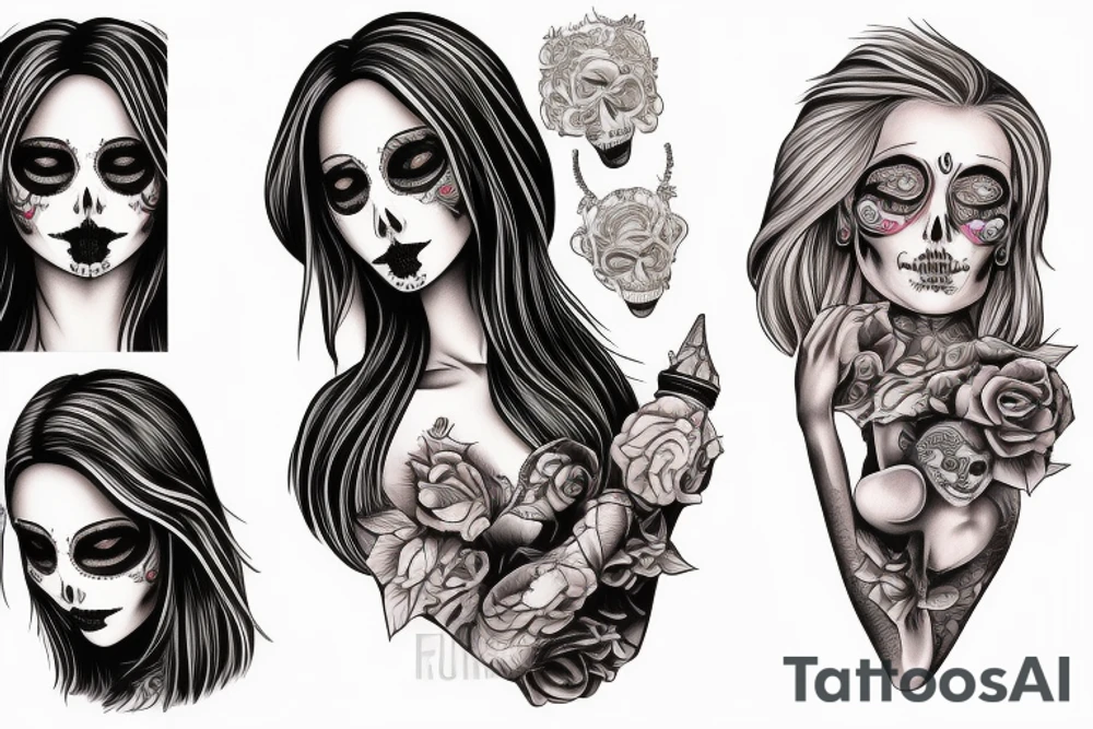 beautifull blonde haire girl in santa muerte stule with rase kissing sculls around her for forearm tattoo idea