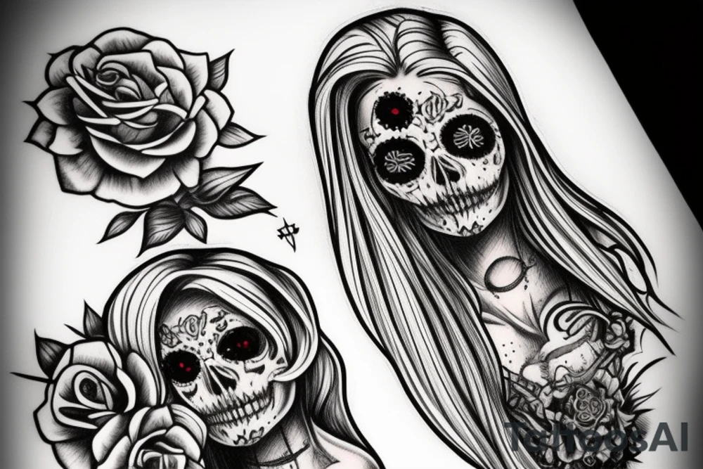 beautifull blonde haire girl in santa muerte stule with rase kissing sculls around her for forearm tattoo idea