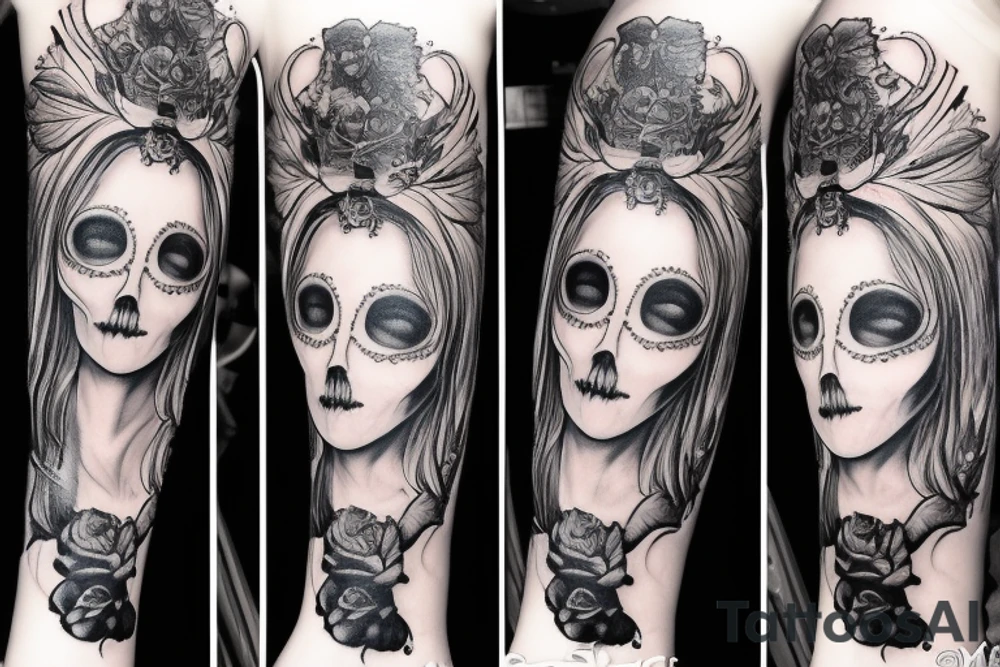 beautifull blonde haire girl in santa muerte stule with rase kissing sculls around her for forearm tattoo idea