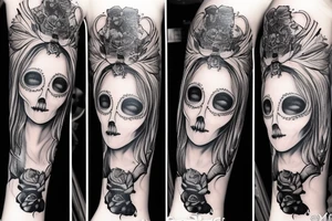 beautifull blonde haire girl in santa muerte stule with rase kissing sculls around her for forearm tattoo idea
