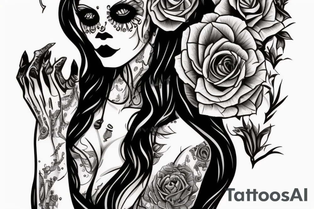 beautifull blonde haire girl in santa muerte stule with seductive loock with rase kissing sculls around her for forearm tattoo idea