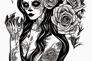 beautifull blonde haire girl in santa muerte stule with seductive loock with rase kissing sculls around her for forearm tattoo idea