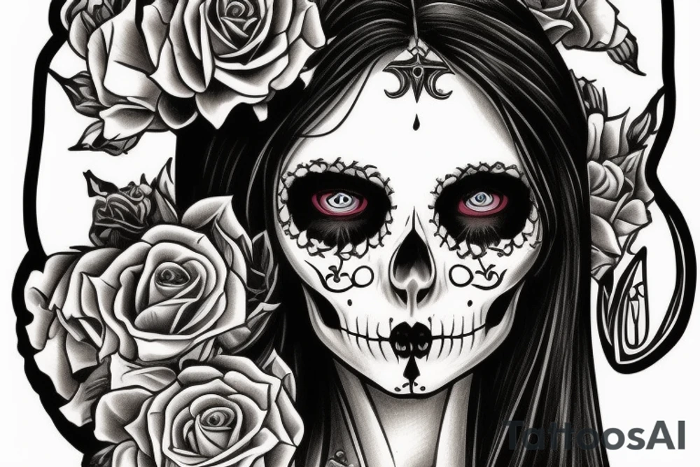 beautifull blonde haire girl in santa muerte stule with seductive loock with rase kissing sculls around her for forearm tattoo idea