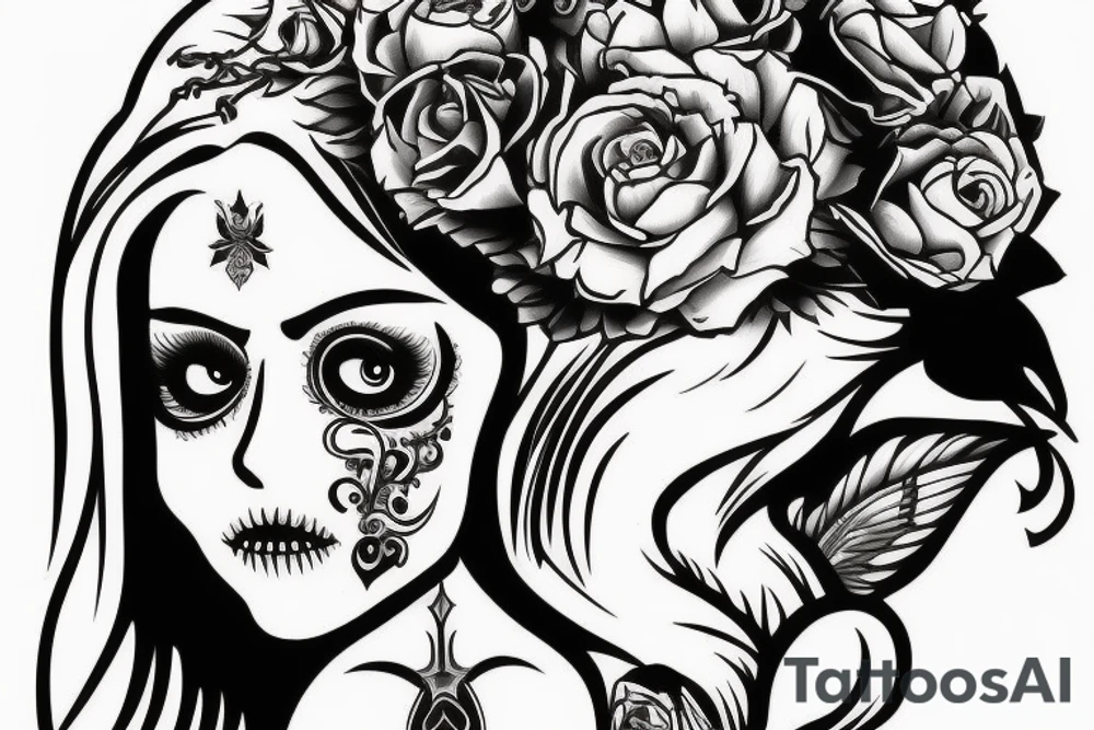 beautifull blonde haire girl in santa muerte stule with seductive loock with rase kissing sculls around her for forearm tattoo idea