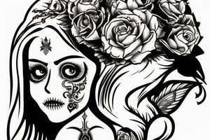 beautifull blonde haire girl in santa muerte stule with seductive loock with rase kissing sculls around her for forearm tattoo idea