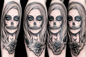 beautifull blonde haire girl in santa muerte stule with seductive loock with rase kissing sculls around her for forearm tattoo idea