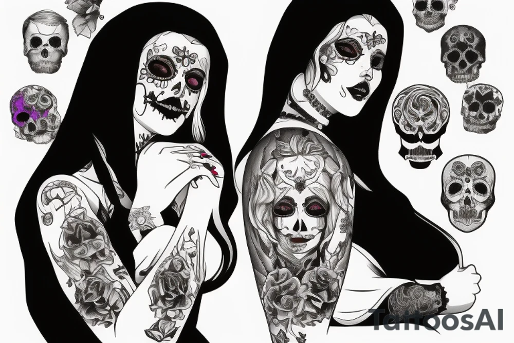 beautifull blonde haire girl in santa muerte stule with seductive loock with rase kissing sculls around her for forearm tattoo idea