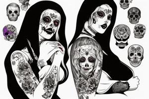 beautifull blonde haire girl in santa muerte stule with seductive loock with rase kissing sculls around her for forearm tattoo idea