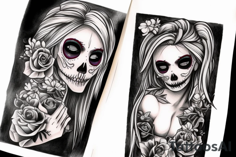 beautifull blonde haire girl in santa muerte stule with seductive loock with rase kissing sculls around her for forearm tattoo idea