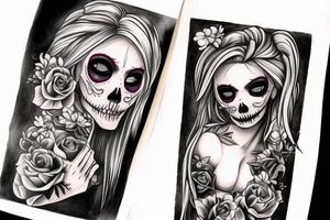 beautifull blonde haire girl in santa muerte stule with seductive loock with rase kissing sculls around her for forearm tattoo idea