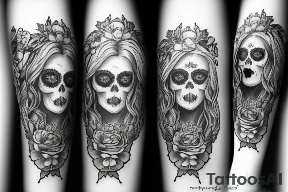 beautifull blonde haire girl in santa muerte stule with seductive loock with rase kissing sculls around her for forearm tattoo idea