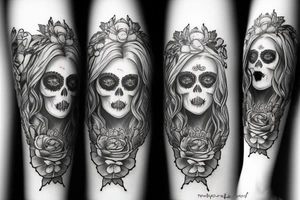 beautifull blonde haire girl in santa muerte stule with seductive loock with rase kissing sculls around her for forearm tattoo idea