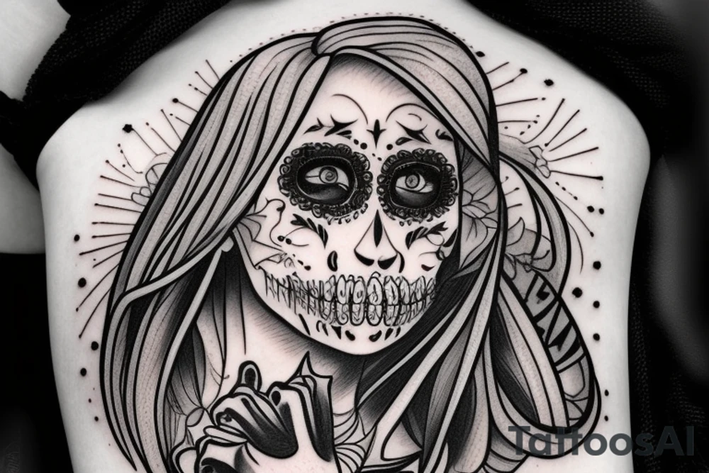 beautifull blonde haire girl in santa muerte stule with seductive loock with rase kissing sculls around her for forearm tattoo idea beautifull blonde haire girl in santa muerte stule with seductive loock with rase kissing sculls around her for forearm tattoo idea