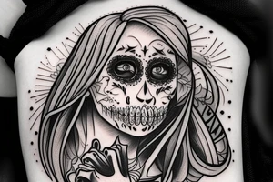 beautifull blonde haire girl in santa muerte stule with seductive loock with rase kissing sculls around her for forearm tattoo idea