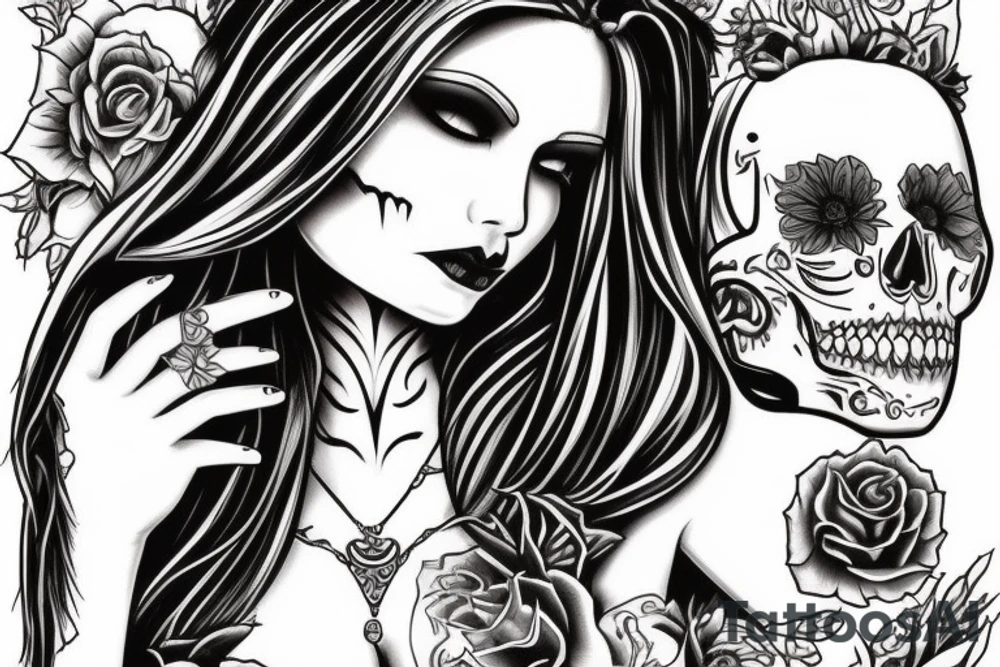 realistick beautifull blonde haire girl in santa muerte stule with seductive loock with rase kissing sculls around her for forearm tattoo idea