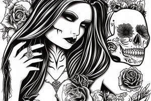 realistick beautifull blonde haire girl in santa muerte stule with seductive loock with rase kissing sculls around her for forearm tattoo idea