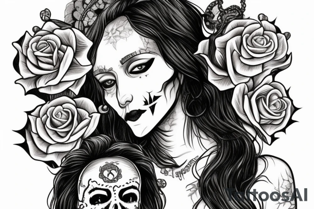 atractive girl face in santa muerte style with rose in her haire and sand watch tattoo idea