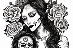 atractive girl face in santa muerte style with rose in her haire and sand watch tattoo idea
