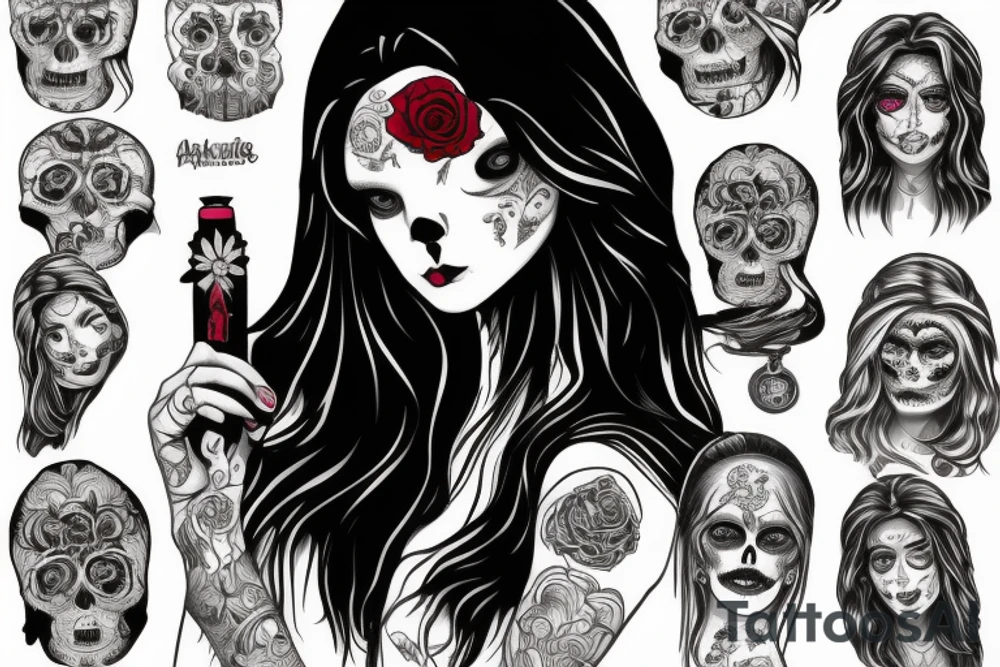 atractive girl face in santa muerte style with rose in her haire and sand watch tattoo idea
