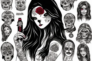 atractive girl face in santa muerte style with rose in her haire and sand watch tattoo idea