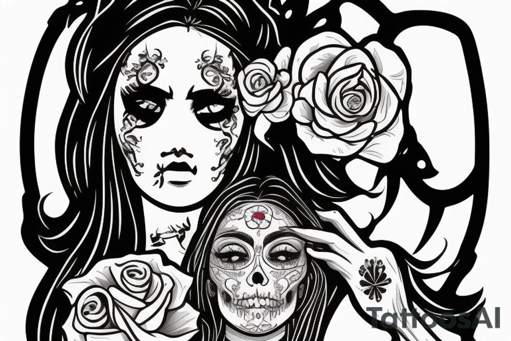 atractive girl face in santa muerte style with rose in her haire and sand watch tattoo idea