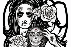 atractive girl face in santa muerte style with rose in her haire and sand watch tattoo idea