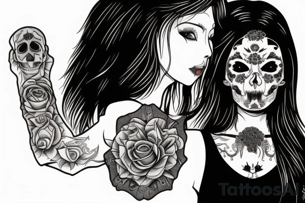 atractive girl face in santa muerte style with rose in her haire and sand watch tattoo idea