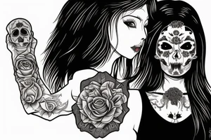 atractive girl face in santa muerte style with rose in her haire and sand watch tattoo idea