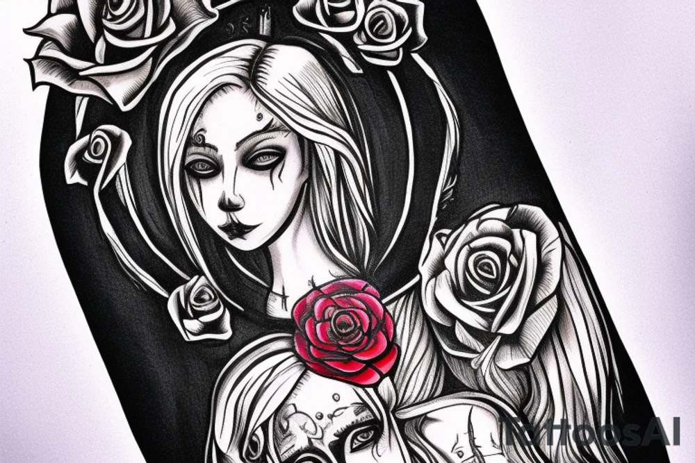 blonde girl in santa muerte style with rose in hair that hold send watch tattoo idea