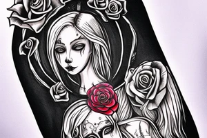 blonde girl in santa muerte style with rose in hair that hold send watch tattoo idea