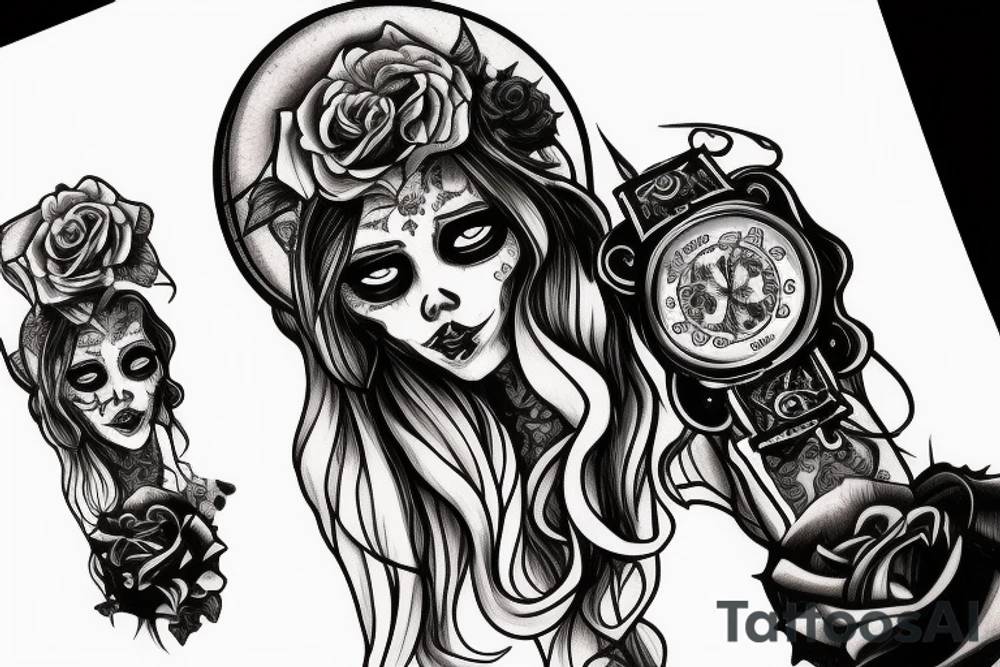 blonde girl in santa muerte style with rose in hair that hold send watch tattoo idea