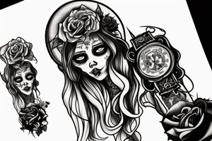 blonde girl in santa muerte style with rose in hair that hold send watch tattoo idea