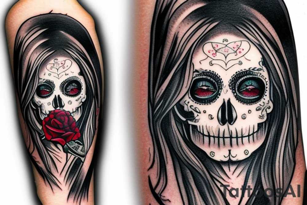 realism blonde girl in santa muerte style with rose in hair that hold send watch tattoo idea