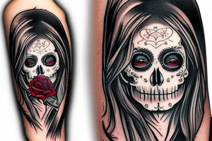 realism blonde girl in santa muerte style with rose in hair that hold send watch tattoo idea
