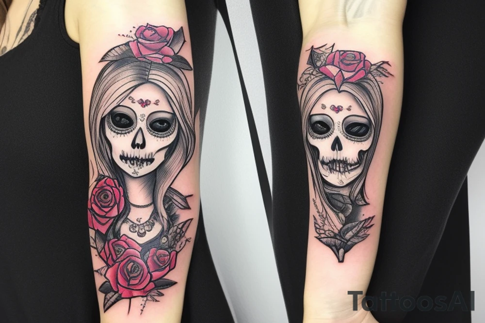 realism blonde girl in santa muerte style with rose in hair that hold send watch tattoo idea