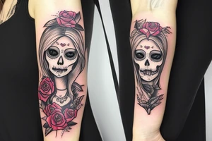 realism blonde girl in santa muerte style with rose in hair that hold send watch tattoo idea