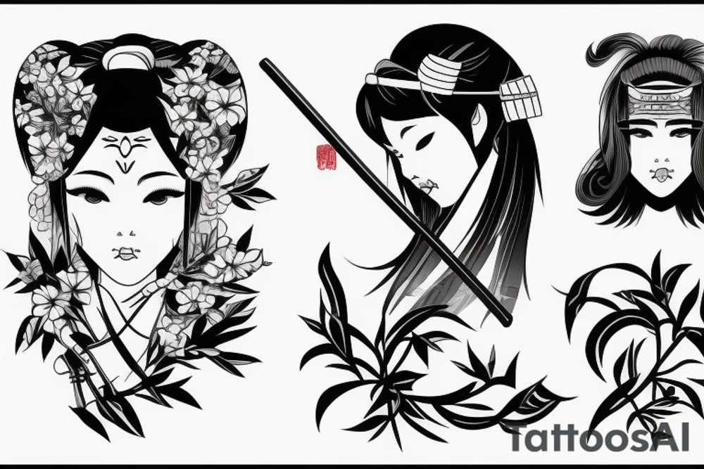 japanise girl with katana tattoo escise and sacura tree on background tattoo idea