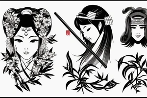 japanise girl with katana tattoo escise and sacura tree on background tattoo idea
