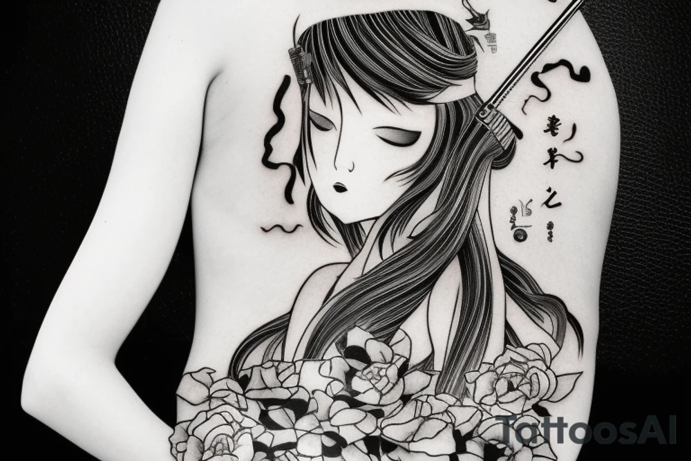 japanise girl with katana tattoo escise and sacura tree on background tattoo idea