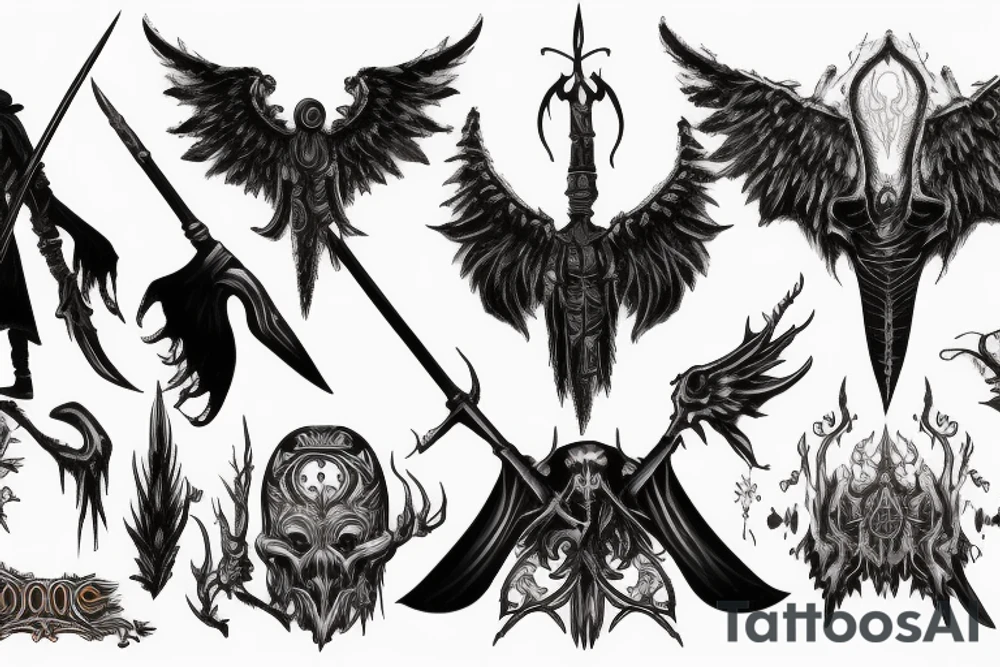 bloodborne hunter full height with a scythe and wings behind his back tattoo idea
